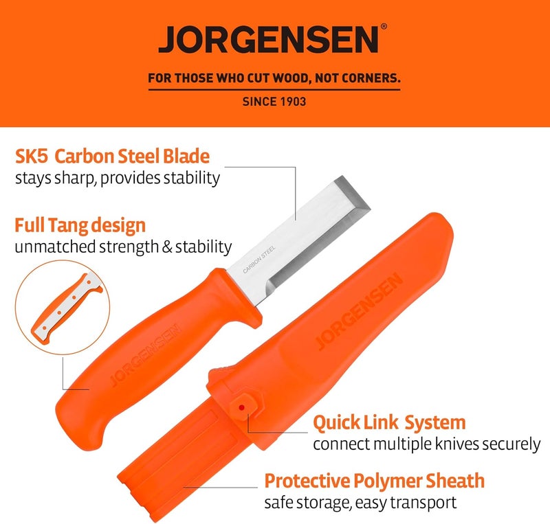 Jorgensen Wood Chisel Knife with Sheath, Wood Chisel for Woodworking with Ergonomic Handle, SK5 Carbon Steel Blade, Full Tang Design, for Carving, Whittling, Splitting - Image 2